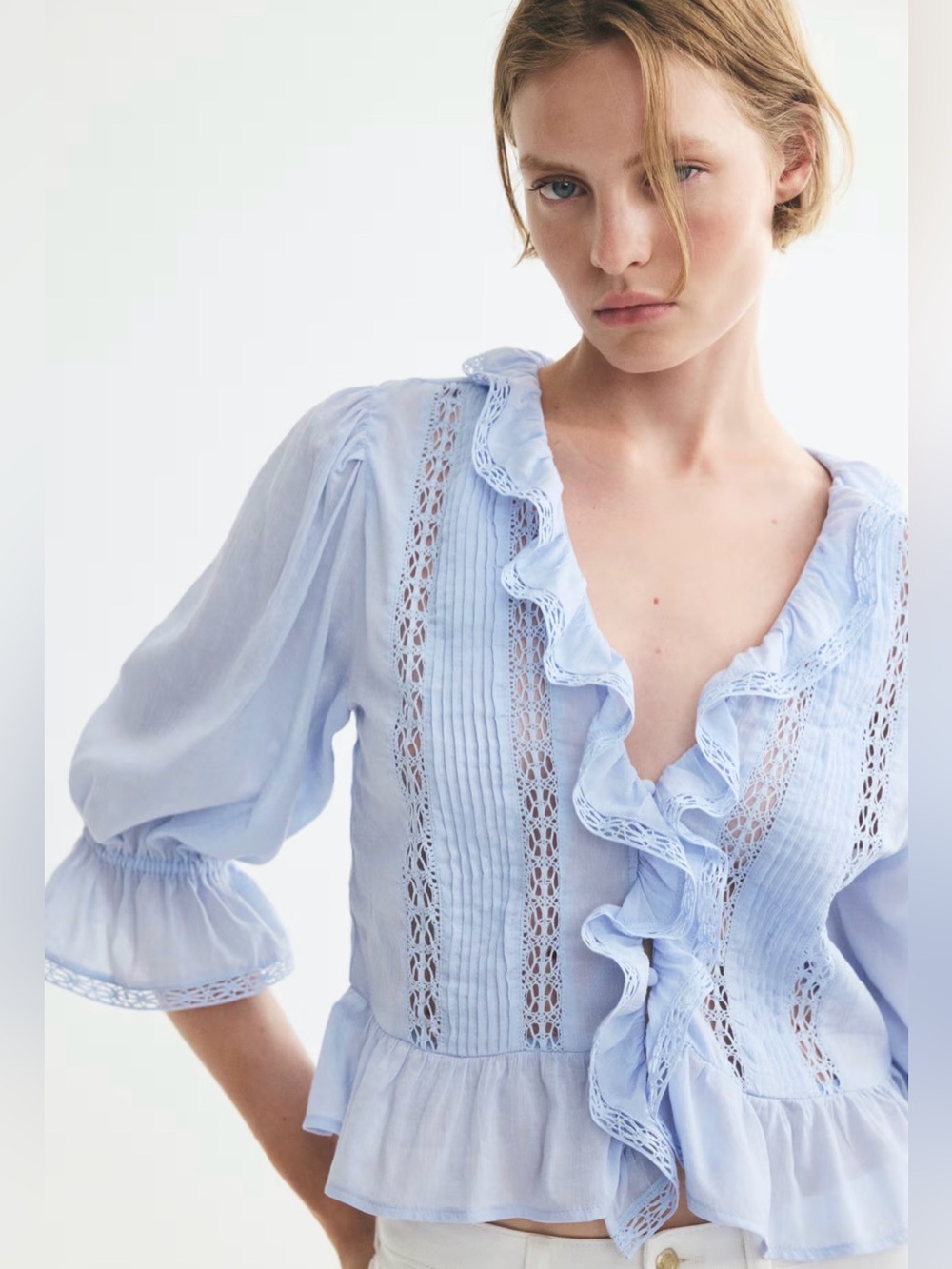 H&M Light Blue Ruffle Blouse - Picture 2 of 7